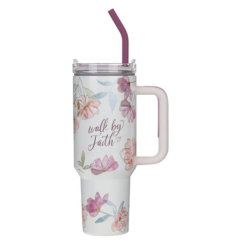 Walk by Faith Pink Cosmos 40 oz Stainless Steel Tumbler with Straw - 2 Corinthians 5:7 - KI Gifts Christian Supplies
