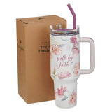 Walk by Faith Pink Cosmos 40 oz Stainless Steel Tumbler with Straw - 2 Corinthians 5:7