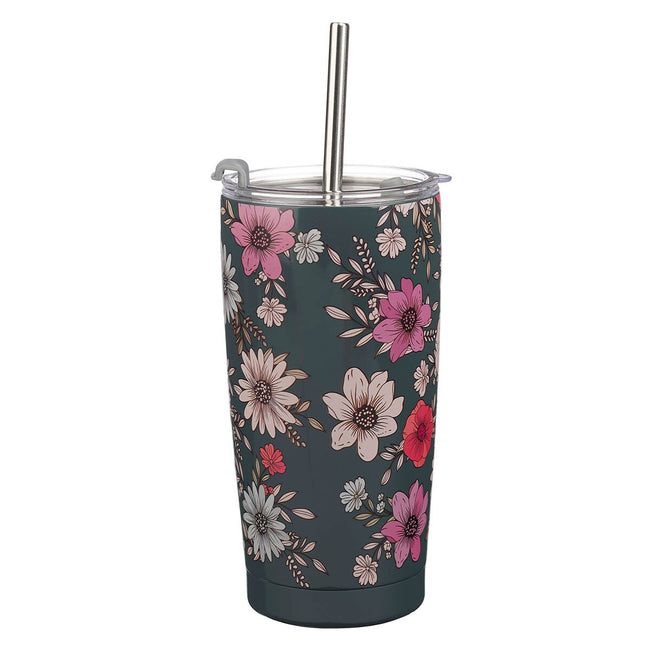 Be Still Teal Botanical Stainless Steel Tumbler With Reusable Straw - Psalm 46:10