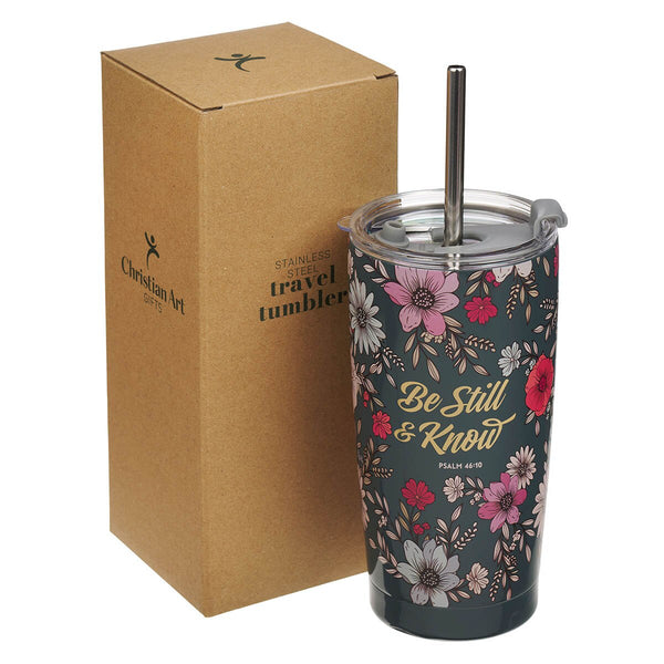 Be Still Teal Botanical Stainless Steel Tumbler With Reusable Straw - Psalm 46:10