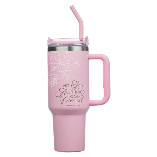 Things Are Possible Pink Poppy Stainless Steel Tumbler with Straw - Matthew 19:26 - KI Gifts Christian Supplies