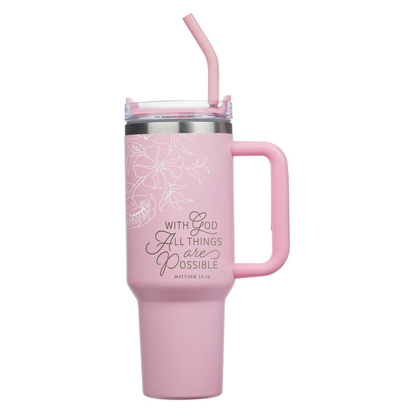 Things Are Possible Pink Poppy Stainless Steel Tumbler with Straw - Matthew 19:26 - KI Gifts Christian Supplies