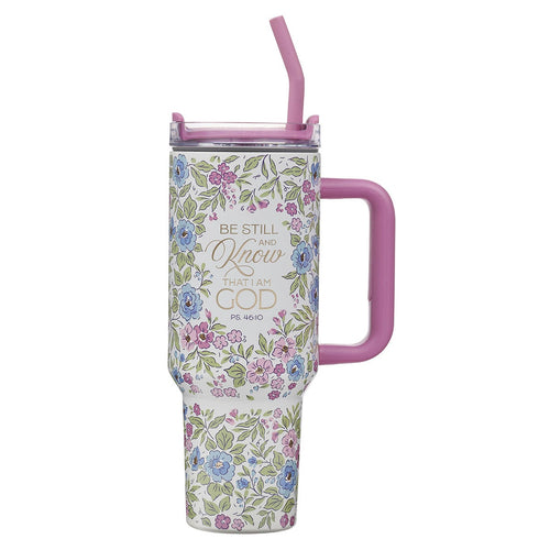 Be Still and Know Purple Floral 40 oz Stainless Steel Tumbler with Straw - Psalm 46:10