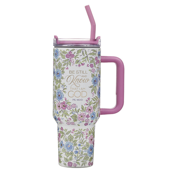 Be Still and Know Purple Floral 40 oz Stainless Steel Tumbler with Straw - Psalm 46:10