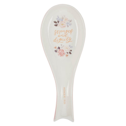 Strength and Dignity Pink Floral Ceramic Spoon Rest - Proverbs 31:25 - KI Gifts Christian Supplies