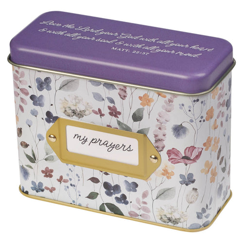 Love the Lord Purple Wildflower Prayer Cards in Tin - Matthew 22:37 - KI Gifts Christian Supplies