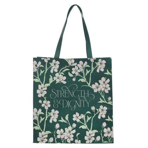 Strength and Dignity Green Floral Reusable Non-woven Shopping Tote Bag - Proverbs 31:25