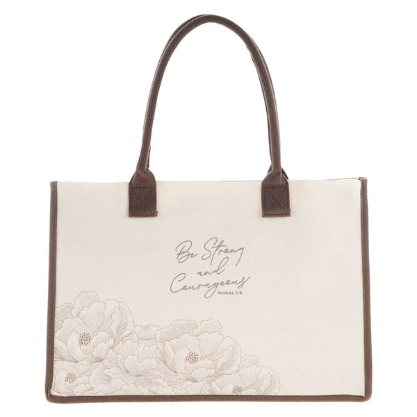 Be Strong and Courageous Floral Canvas Tote Bag - Joshua 1:9 - KI Gifts Christian Supplies