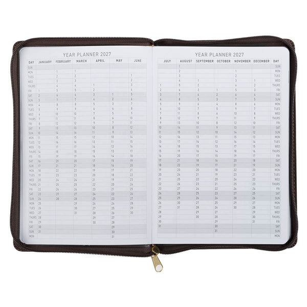 2027 A Man's Heart Smoked Walnut Faux Leather Executive Planner with Zipper Closure - Proverbs 16:9