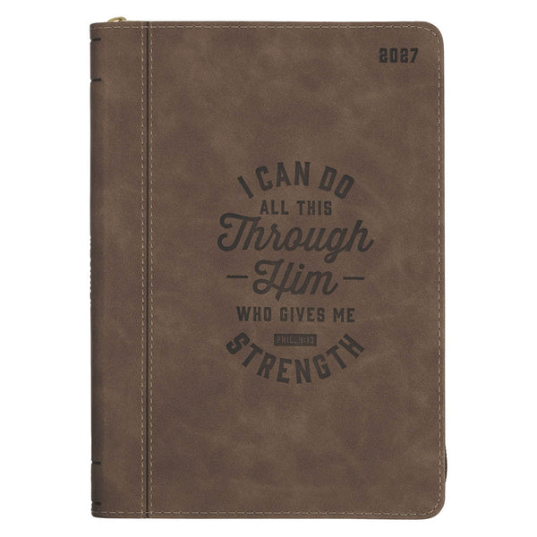 2027 I Can Do All This Truffle Brown Faux Leather Executive Planner with Zipper Closure - Philippians 4:13