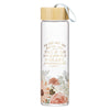 No Fear Pink Floral Glass Water Bottle with Bamboo Lid - 2 Timothy 1:7 - KI Gifts Christian Supplies