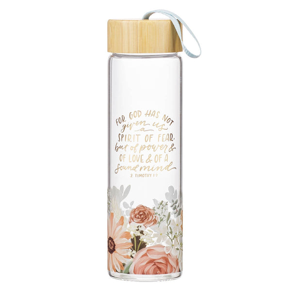 No Fear Pink Floral Glass Water Bottle with Bamboo Lid - 2 Timothy 1:7 - KI Gifts Christian Supplies