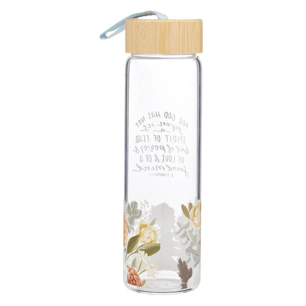 No Fear Pink Floral Glass Water Bottle with Bamboo Lid - 2 Timothy 1:7