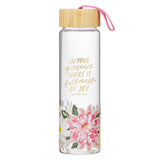 Fullness of Joy Pink Floral Glass Water Bottle with Bamboo Lid - Psalm 16:11 - KI Gifts Christian Supplies