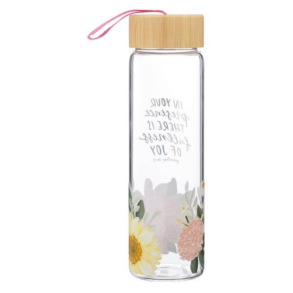 Fullness of Joy Pink Floral Glass Water Bottle with Bamboo Lid - Psalm 16:11