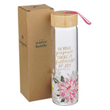 Fullness of Joy Pink Floral Glass Water Bottle with Bamboo Lid - Psalm 16:11