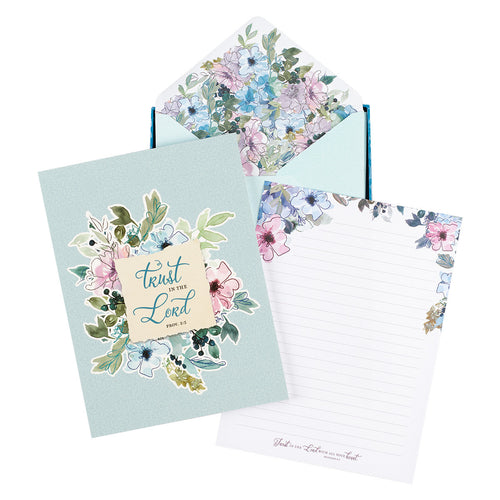 Trust in the Lord Blue Floral Writing Paper and Envelope Set - Proverbs 3:5