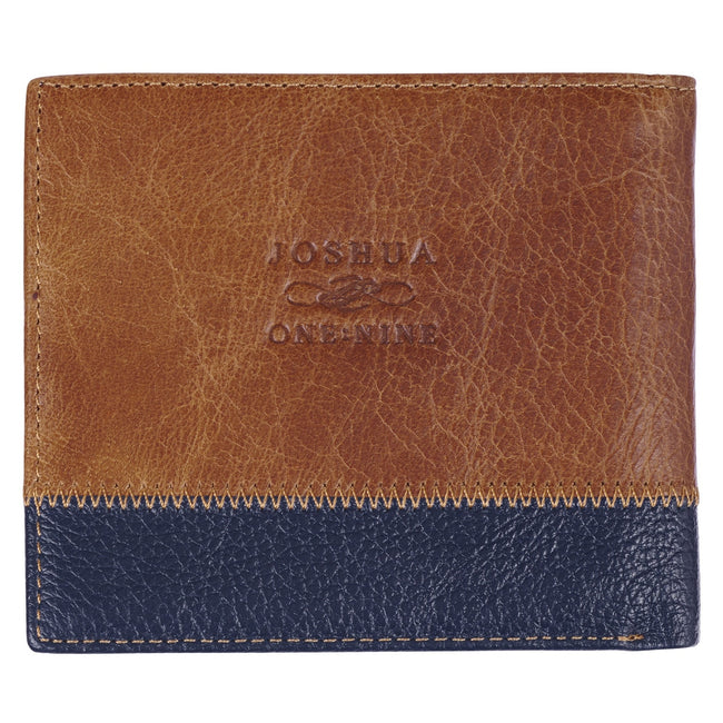 Strong and Courageous Butterscotch and Navy Genuine Leather Wallet - Joshua 1:9