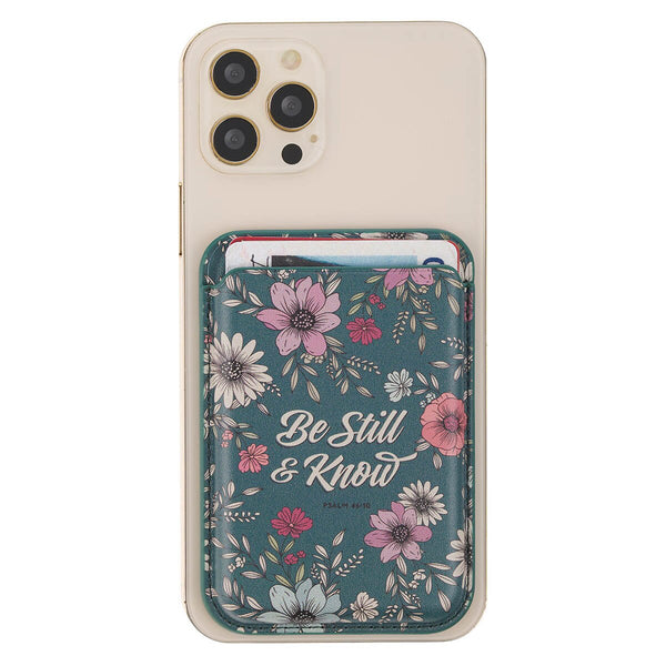 Be Still Teal Faux Leather Botanical Phone Wallet - Psalm 46:10