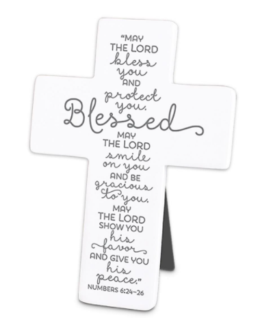 TABLETOP CROSS BLESSED BABY RESIN 6.25"H