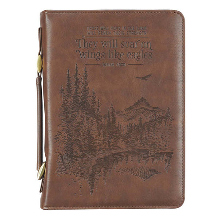 Through Christ Scenic Mountain Brown Faux Leather Classic Bible Cover - Psalm 46:10