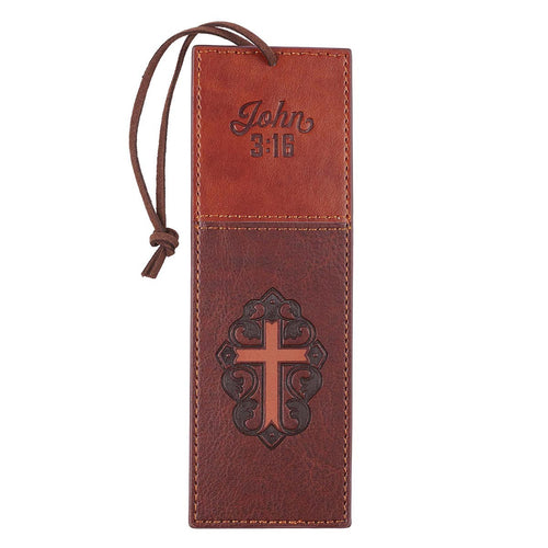 LuxLeather Pagemarker - John 3:16 Collection Two-Tone Brown With Cross