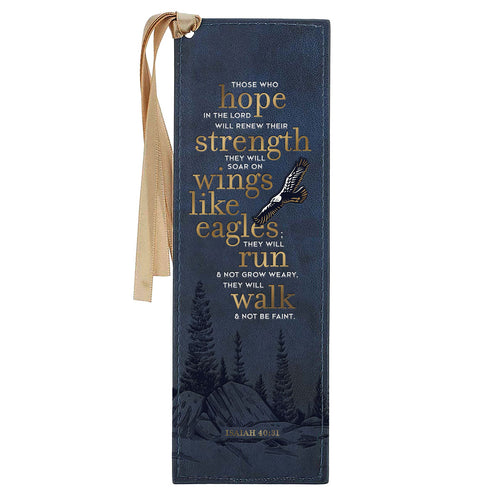 On Eagle's Wings Navy Blue Faux Leather Bookmark - Isaiah 40:31