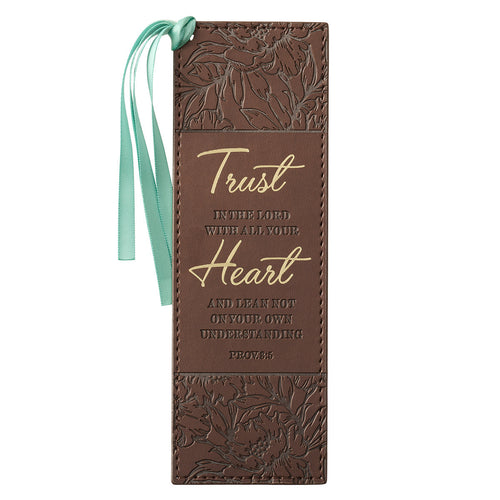 Trust With All Your Heart Brown Floral Faux Leather Bookmark - Proverbs 3:5
