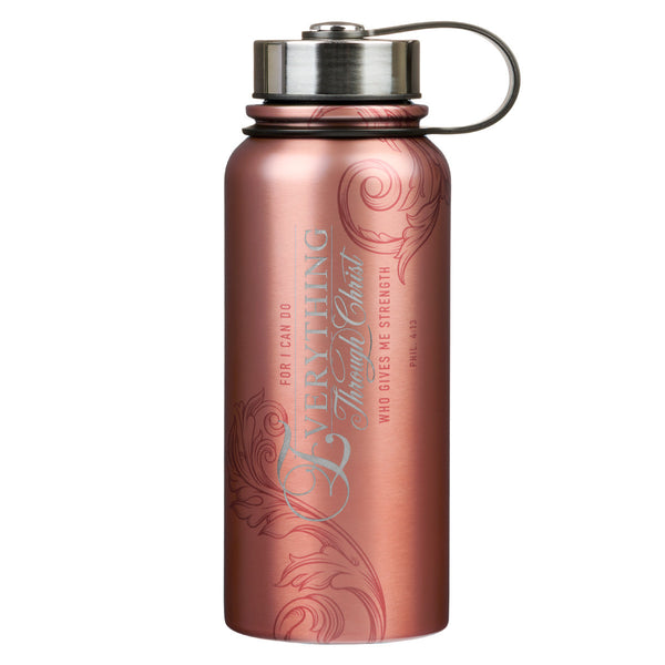 Through Christ Fluted Iris Rose Gold Stainless Steel Water Bottle - Philippians 4:13