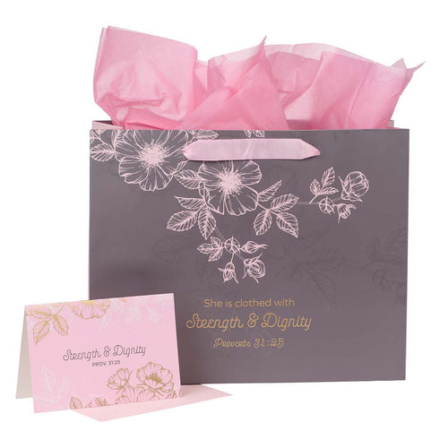 Strength and Dignity Gray and Pink Large Landscape Gift Bag with Card - Proverbs 31:25