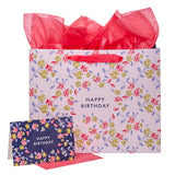 Happy Birthday Pink Flower Trellis Large Landscape Gift Bag Set with Card