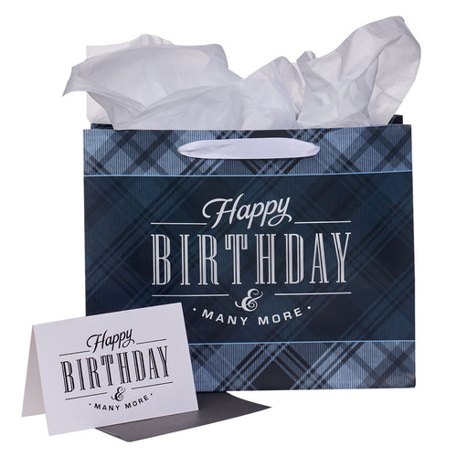 Charcoal and Black Happy Birthday Large Landscape Gift Bag Set with Card