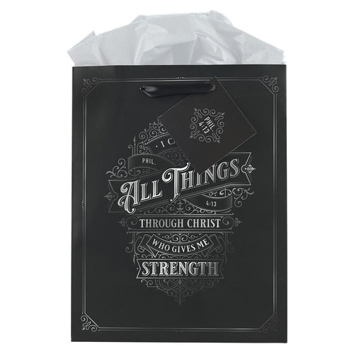Through Christ Black and Silver Medium Gift Bag - Philippians 4:13