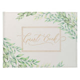 Medium White and Green Faux Leather Guest Book - Green Leaves