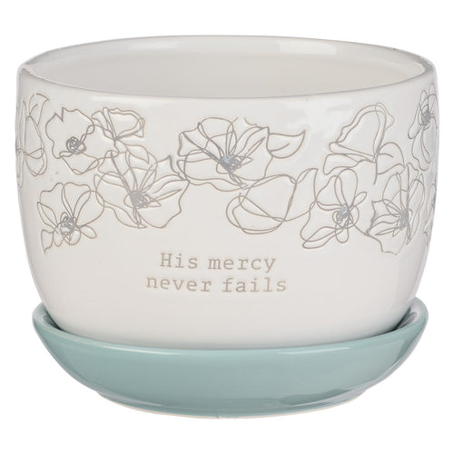 Mercy White and Light Blue Planter Pot with Saucer