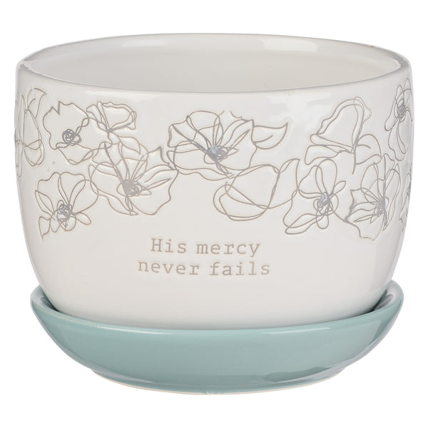 Mercy White and Light Blue Planter Pot with Saucer