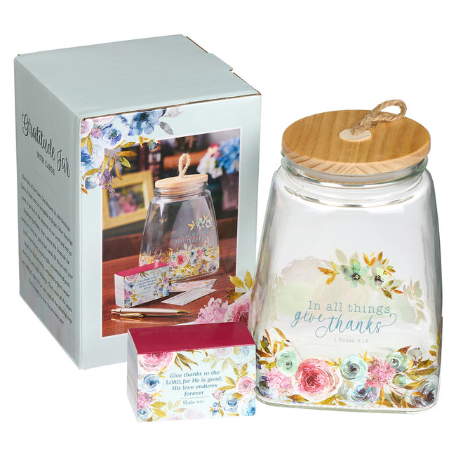 Give Thanks Pink Ranunculus Glass Gratitude Jar with Cards - 1 Thessalonians 5:18