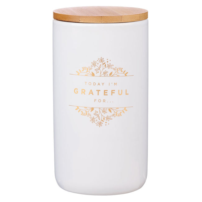 Grateful Gold and White Ceramic Gratitude Jar with Cards