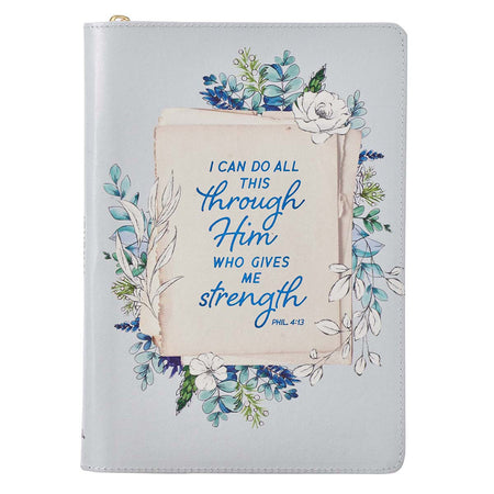 Be Still Floral Embroidered Blue Faux Leather Classic Journal with Zippered Closure - Psalm 46:10