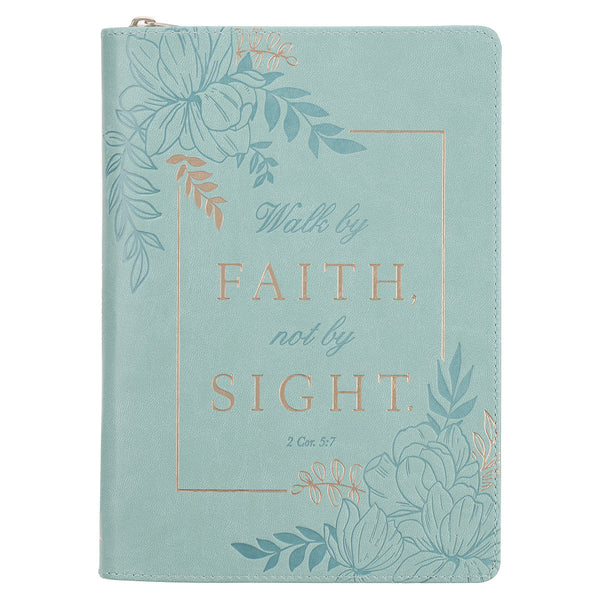 Walk By Faith Teal Floral Faux Leather Journal with Zipper Closure - 2 Corinthians 5:7
