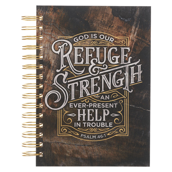 Refuge and Strength Brown and Black Woodgrain Wirebound Journal - Psalm 46:1