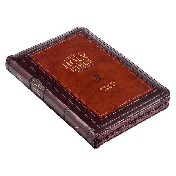 Burgundy and Saddle Tan Framed Faux Leather Compact KJV Bible with Zippered Closure