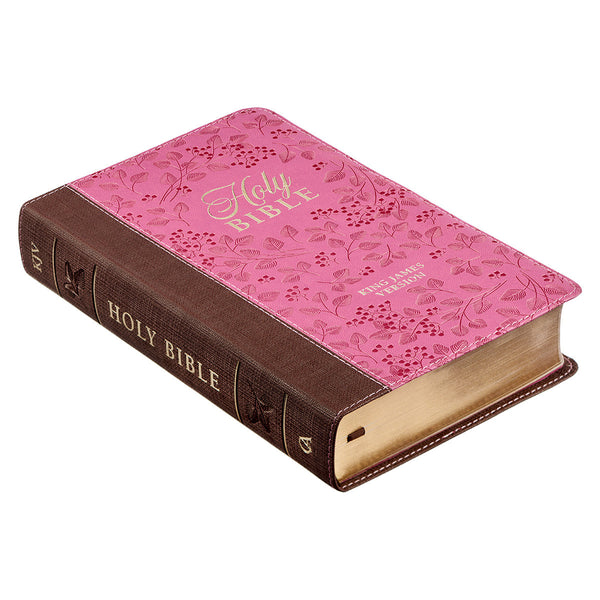 Saddle Tan and Pink Faux Leather Giant Print Standard-size King James Version Bible with Thumb Index