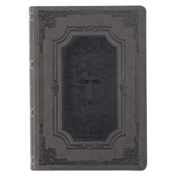 Black with Gray Inlay Faux Leather Super Giant Print King James Version Bible with Thumb Index and Zippered Closure