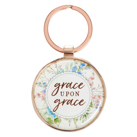 Grace Upon Grace Indigo Rose Gold Metal Epoxy-coated Keychain - John 1:16