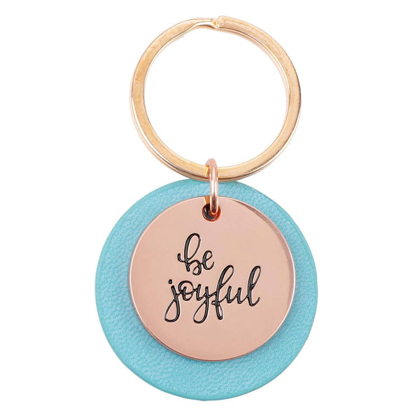 Be Joyful Rose Gold Keyring with Teal Disc