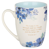The Lord is My Strength Blue Floral Ceramic Coffee Mug - Psalm 28:7