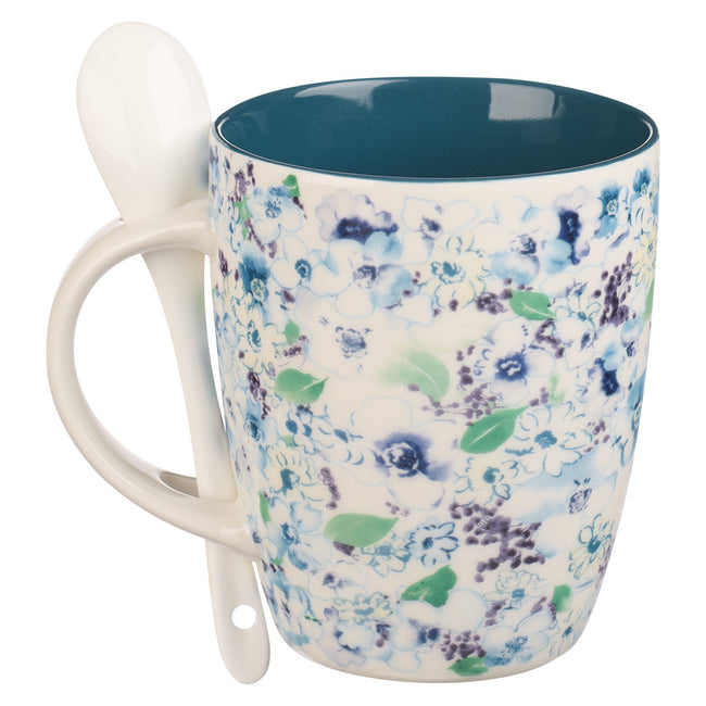 Saved by Grace Blue Floral Ceramic Coffee Mug with Spoon - Ephesians 2:8