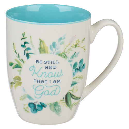 Be Still and Know Teal Floral Ceramic Coffee Mug - Psalm 46:10
