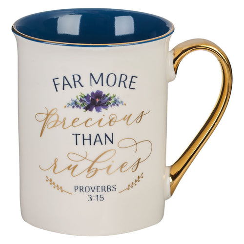 More Precious than Rubies White and Blue Ceramic Coffee Mug - Proverbs 3:15